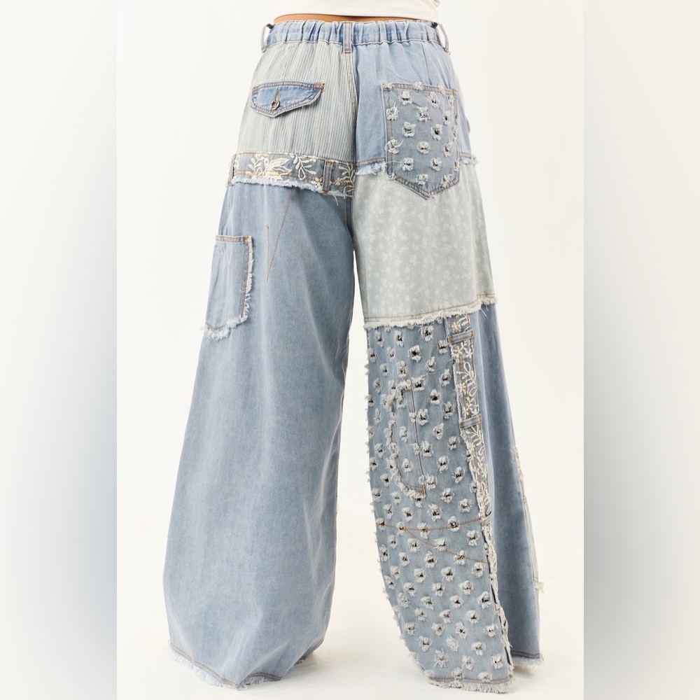 POL Light Wash Denim Patchwork Wide Leg Pants - Picture 3 of 3